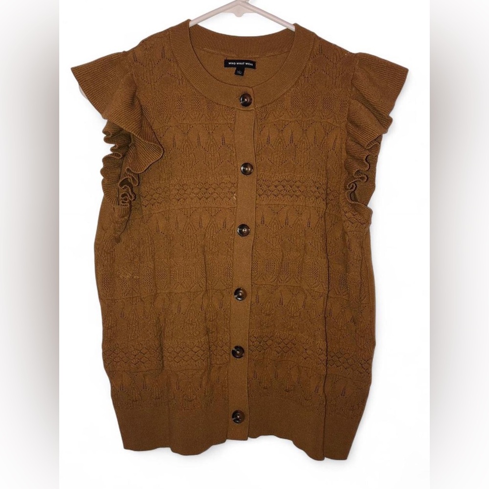 Who What Wear Brown Ruffle Sleeve Button-Front Top